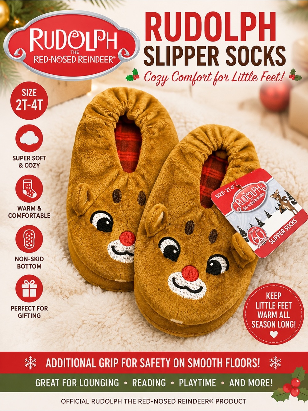 Rudolph Kids' Brown Plush Slipper Socks with Red Nose